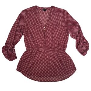 Buckle Black Burgundy Red Geometric Print Long Sleeve Blouse Women's Large